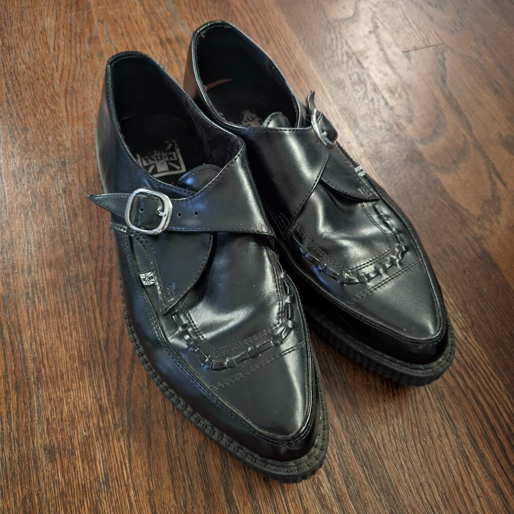 T.U.K. Black Leather Pointed Buckle Creepers